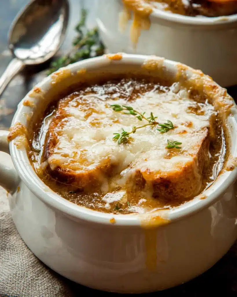 Classic French Onion Soup (Rich, Savory, and Cheesy Comfort) 1 French onion soup with melted cheese and toasted bread in a white bowl