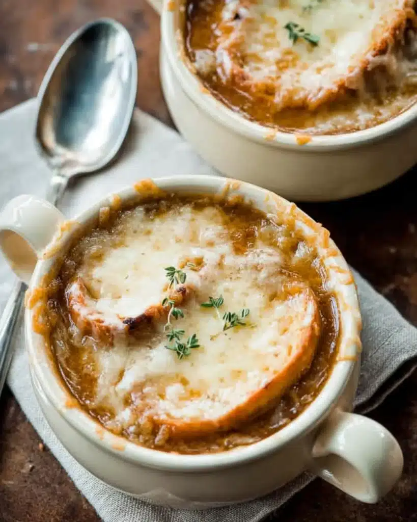 Classic French Onion Soup (Rich, Savory, and Cheesy Comfort) 3 Two bowls of French onion soup with melted cheese and thyme garnish