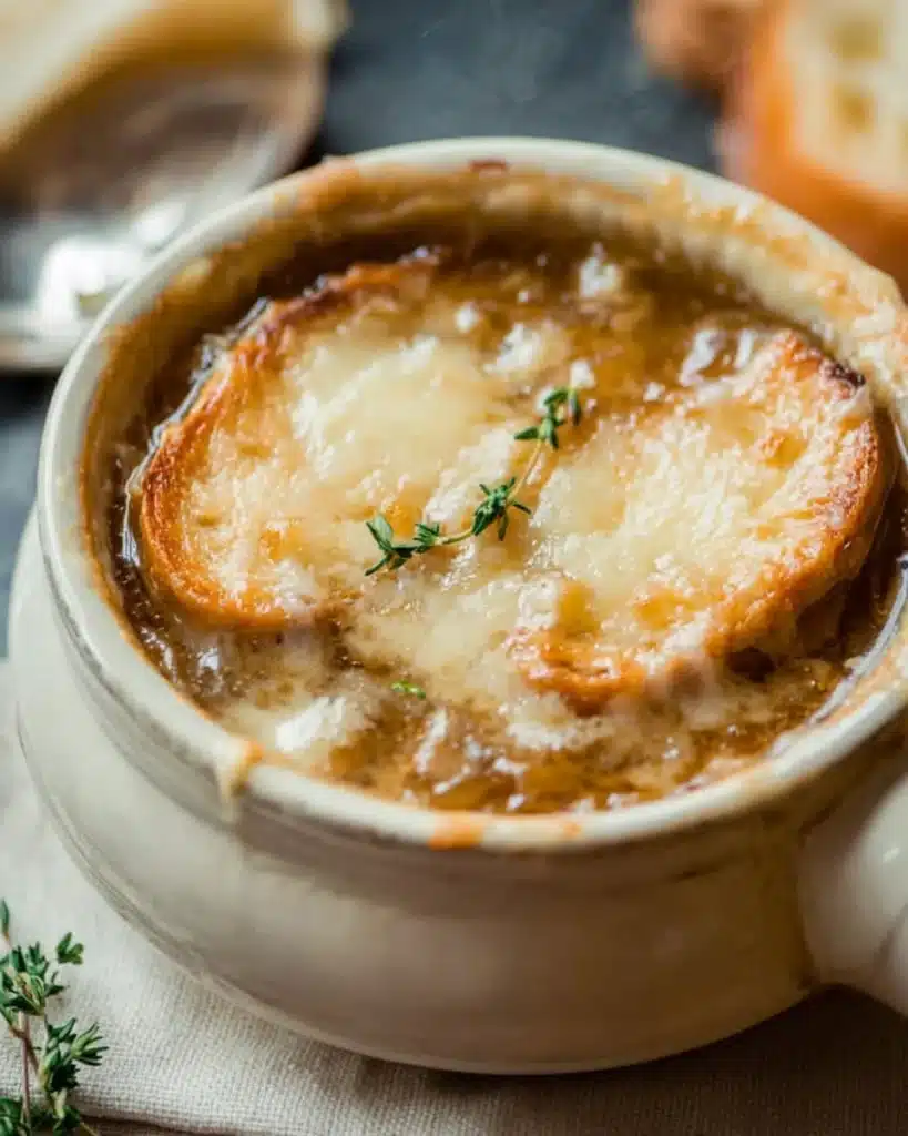 Classic French Onion Soup (Rich, Savory, and Cheesy Comfort) 2 French onion soup in a white bowl with melted cheese and thyme sprig