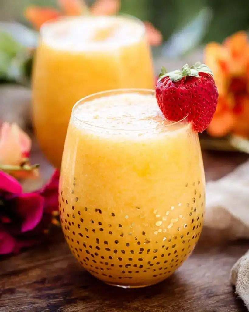 Frozen Peach Bellini 4 Frozen peach Bellini cocktail in gold-dotted glass with strawberry garnish on wooden table