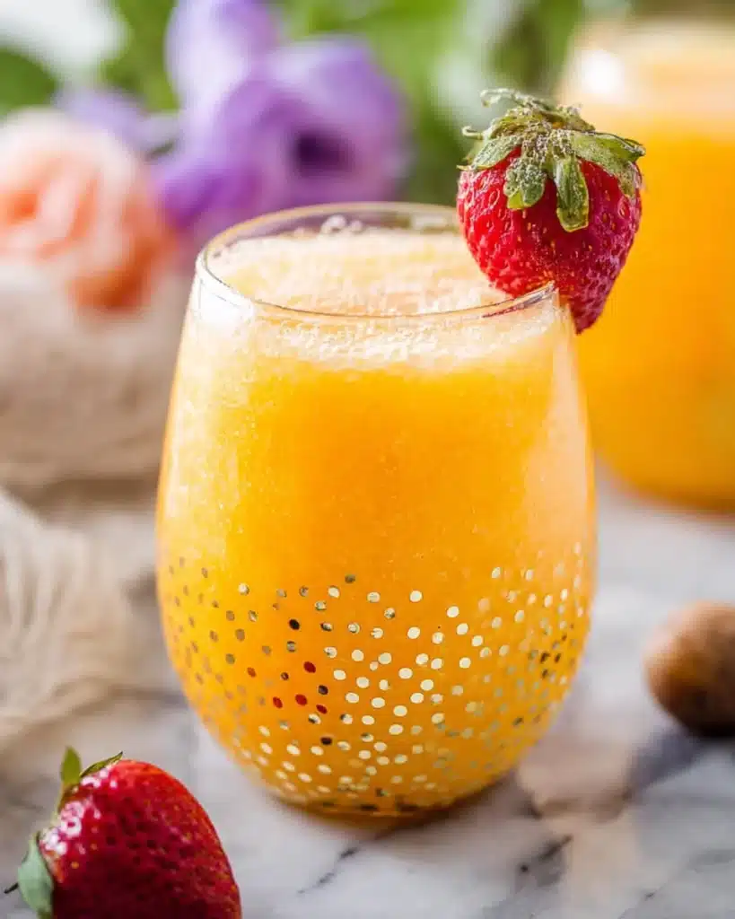 Frozen Peach Bellini 1 Frozen peach Bellini cocktail with strawberry garnish in a gold-dotted glass on marble
