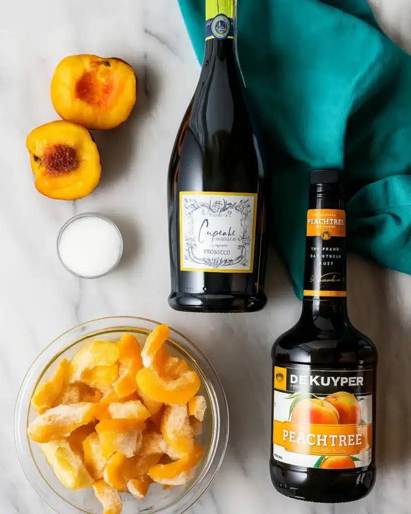 Frozen Peach Bellini 2 Frozen peach Bellini ingredients with Prosecco, peach schnapps, and peaches on marble