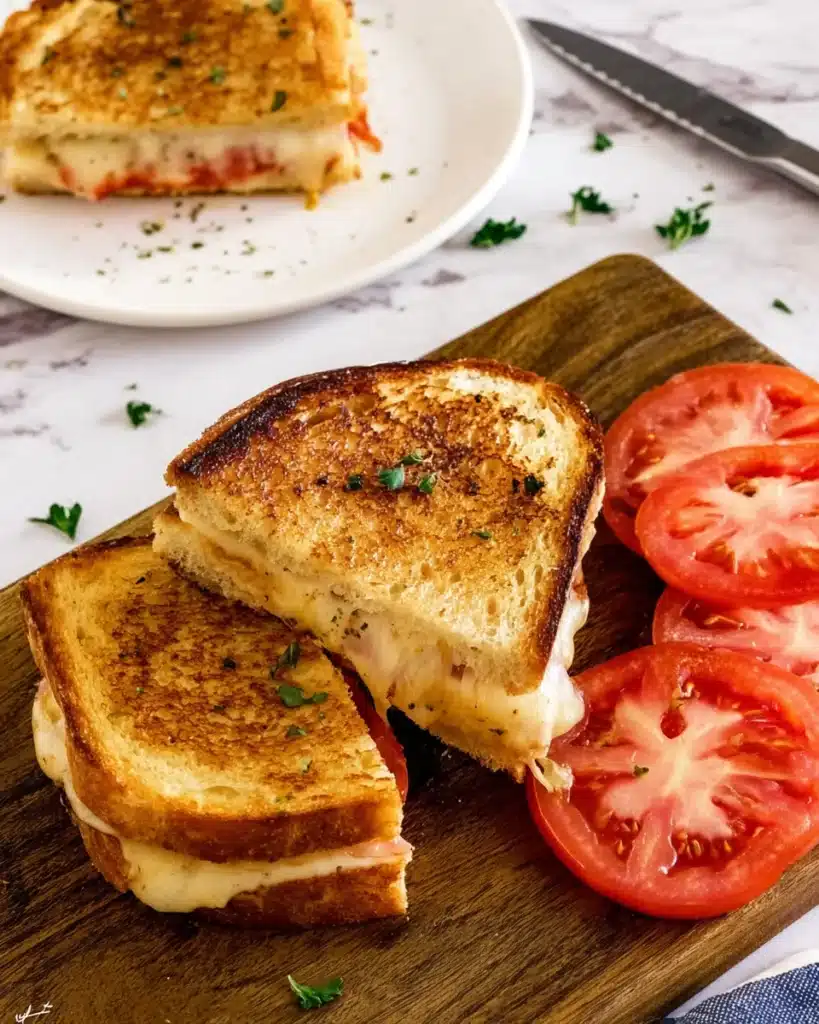 Garlic Bread Grilled Cheese 2 Crispy garlic bread grilled cheese sandwich sliced on wooden board