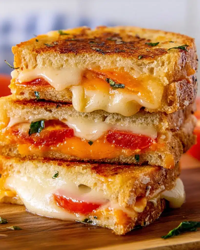 Garlic Bread Grilled Cheese 1 Stacked garlic bread grilled cheese sandwich with melted cheddar and provoloneStacked garlic bread grilled cheese sandwich with melted cheddar and provolone