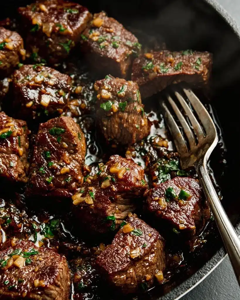 Garlic butter steak bites in skillet with herbs and sauce