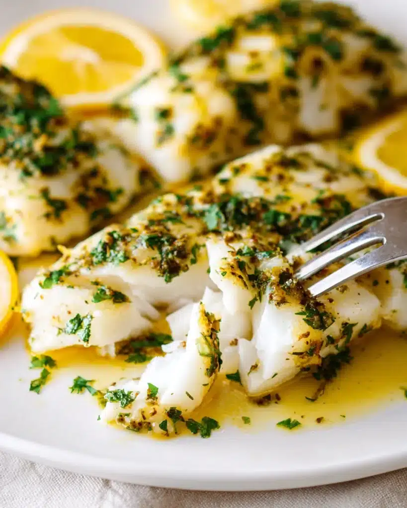 Garlic Herb Baked Cod 1 Flaky garlic herb baked cod with lemon slices and butter glaze on white plate