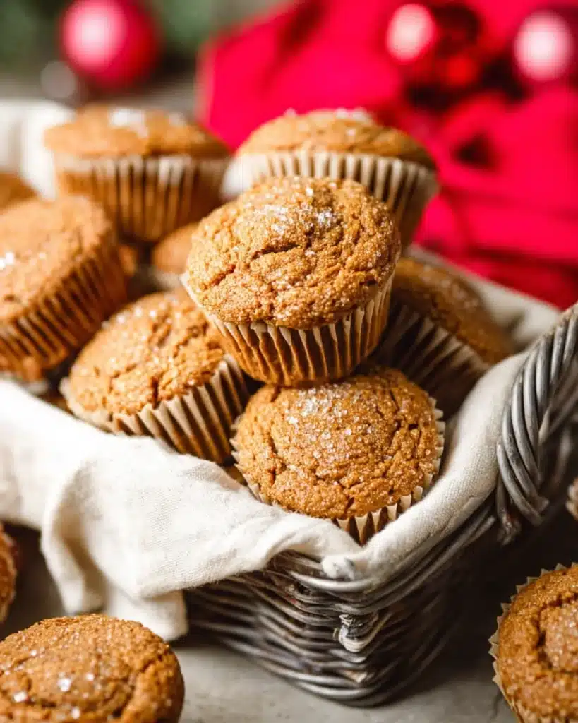Gingerbread Muffins 1 Freshly baked gingerbread muffins with sugar topping in a rustic basket
