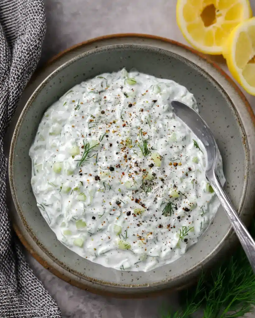 Greek Turkey Meatballs with Tzatziki | A Healthy Mediterranean Dinner 2 Creamy Greek tzatziki sauce in a gray bowl with dill and lemon