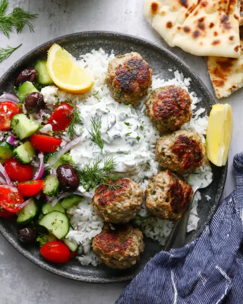 Greek Turkey Meatballs with Tzatziki | A Healthy Mediterranean Dinner 1 Greek turkey meatballs with tzatziki, rice, and fresh Greek salad on a plate