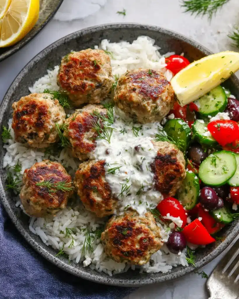 Greek Turkey Meatballs with Tzatziki | A Healthy Mediterranean Dinner 4 Greek turkey meatballs with tzatziki, rice, and fresh Greek salad