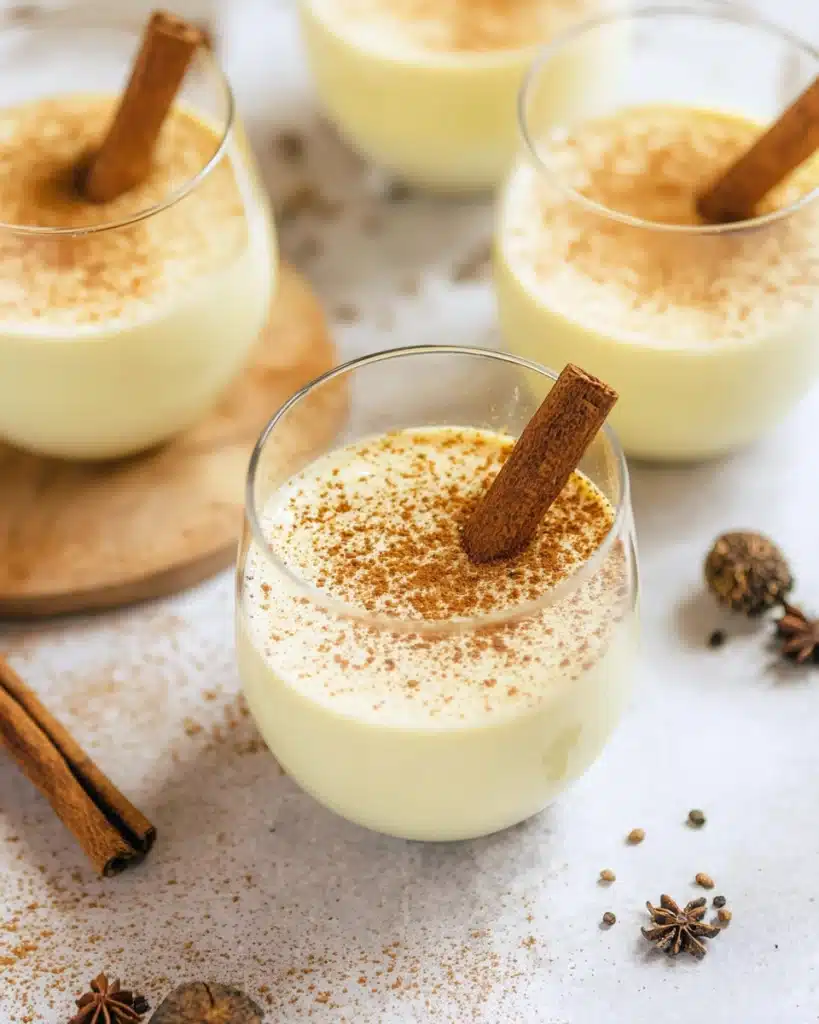 Homemade Eggnog Recipe 1 Creamy homemade eggnog with cinnamon sticks and nutmeg in glass cups