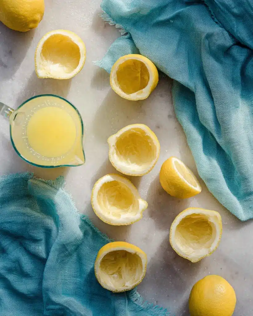 The Perfect Homemade Lemonade 3 Juiced lemon halves and lemon juice for homemade lemonade on marble surface