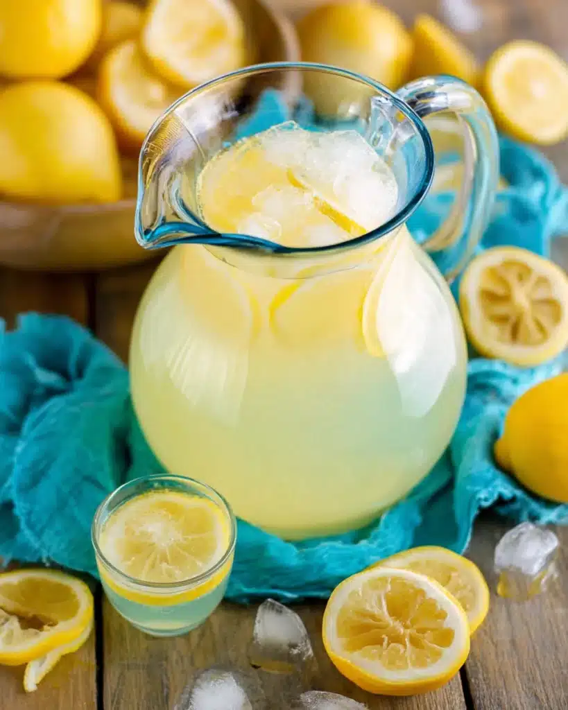 The Perfect Homemade Lemonade 4 Glass pitcher of chilled homemade lemonade with ice and lemon slices