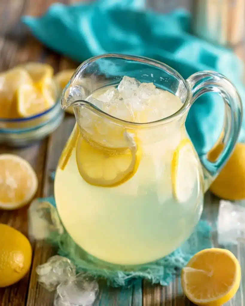 The Perfect Homemade Lemonade 1 Homemade lemonade in a glass pitcher with ice and lemon slices on a rustic table