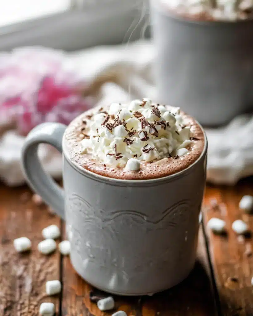 hot cocoa with whipped cream, marshmallows, and chocolate shavings in gray mug on rustic table
