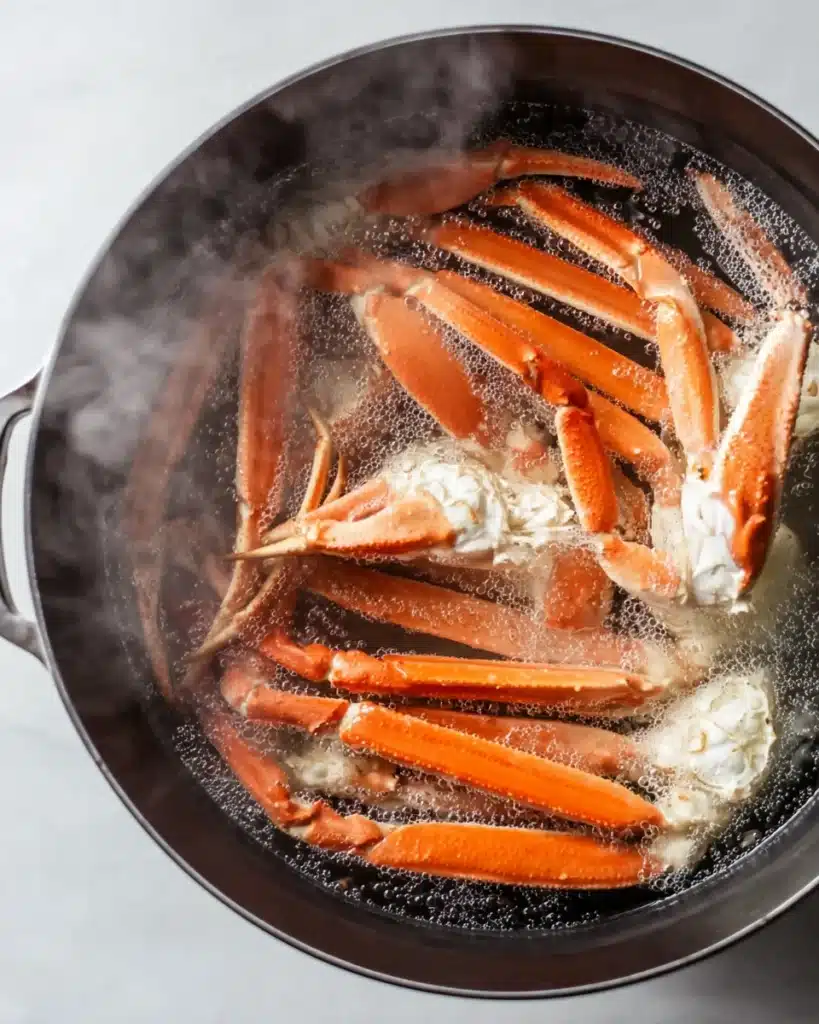 Boiling crab legs in a pot of water