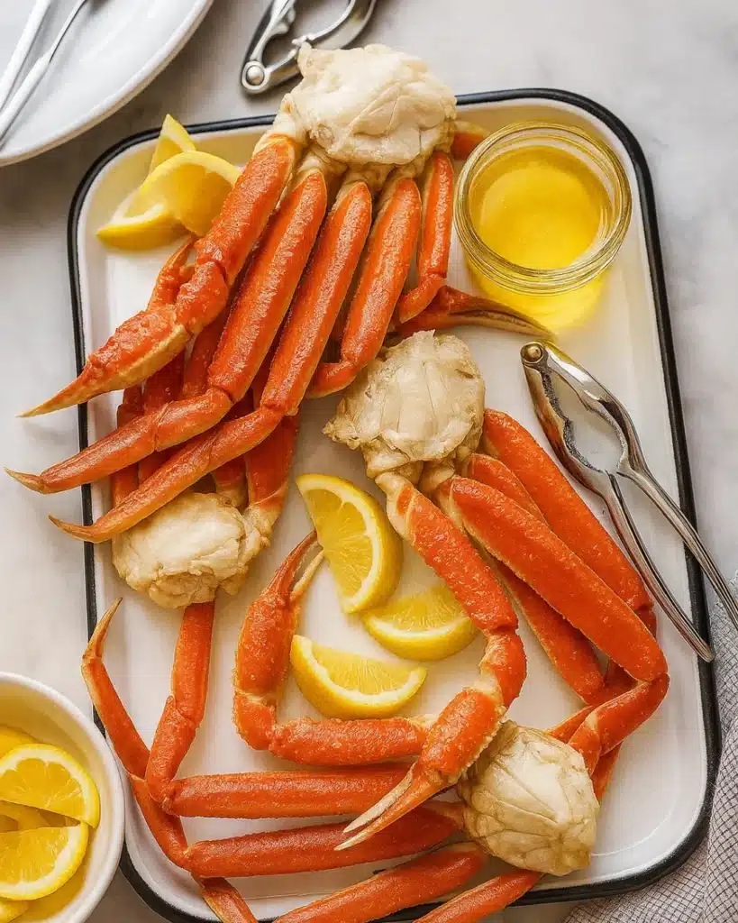 How To Cook Crab Legs with garlic butter and lemon on white plates