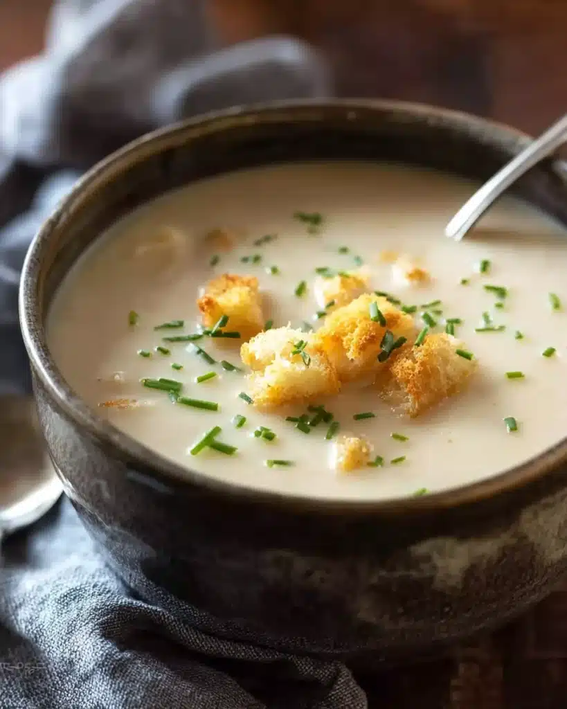 Leek and Potato Soup 1 Creamy leek and potato soup with croutons and chives in a rustic bowl