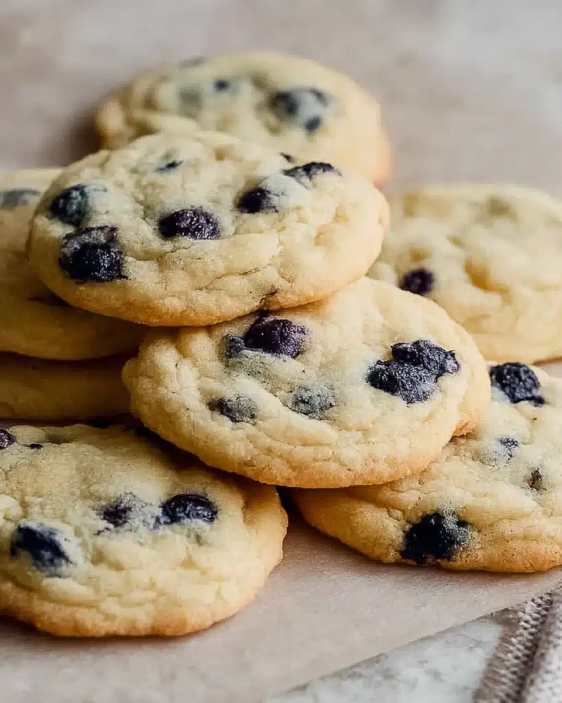 Lemon Blueberry Cookies (Soft, Chewy & Perfect for Christmas) 1 Soft lemon blueberry cookies with golden edges and juicy blueberries on parchment paper