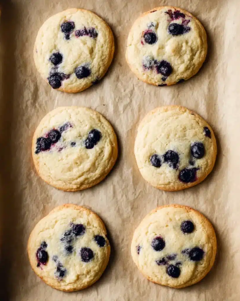 Lemon Blueberry Cookies (Soft, Chewy & Perfect for Christmas) 4 Freshly baked lemon blueberry cookies on parchment paper