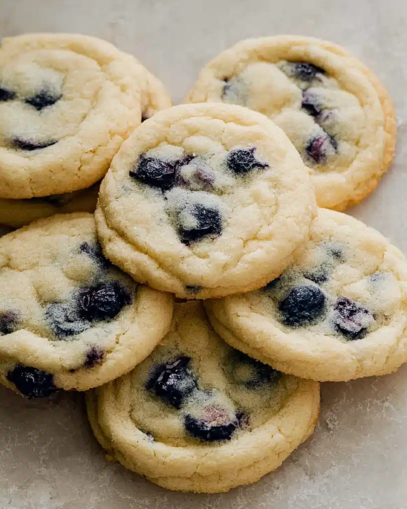 Lemon Blueberry Cookies (Soft, Chewy & Perfect for Christmas) 5 Soft lemon blueberry cookies with golden edges and juicy blueberries
