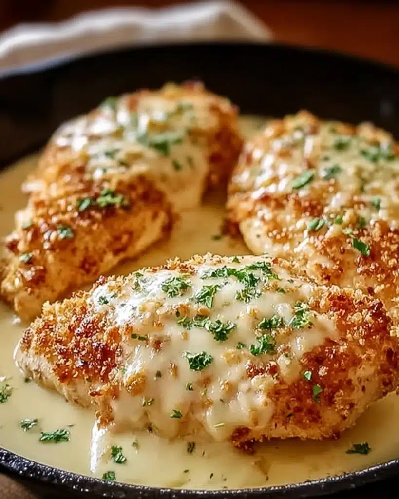 Crispy Parmesan-crusted chicken with creamy cheese sauce on white plate