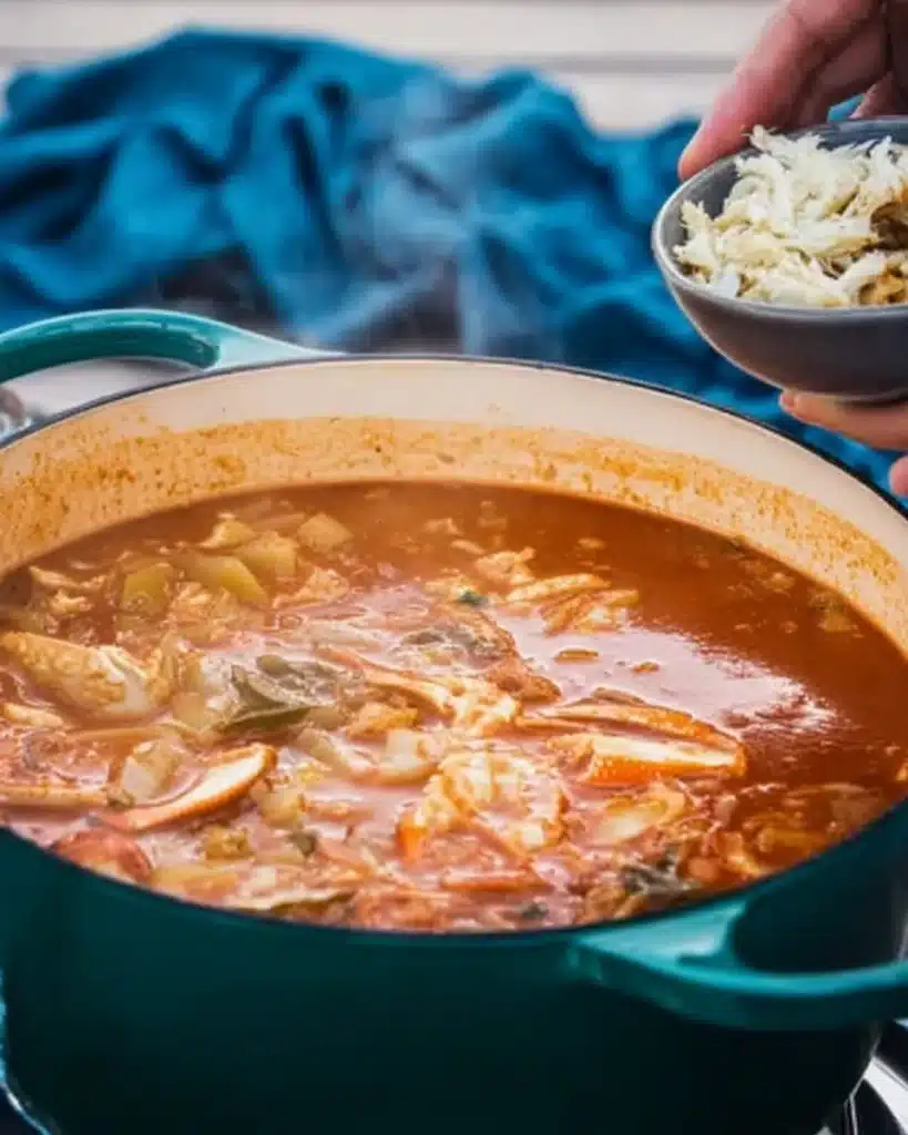 Adding fresh lump crab meat to simmering Maryland Crab Soup in a Dutch oven