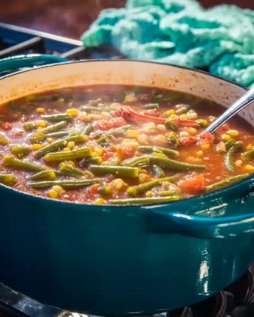 Simmering broth with green beans and vegetables for Maryland Crab Soup