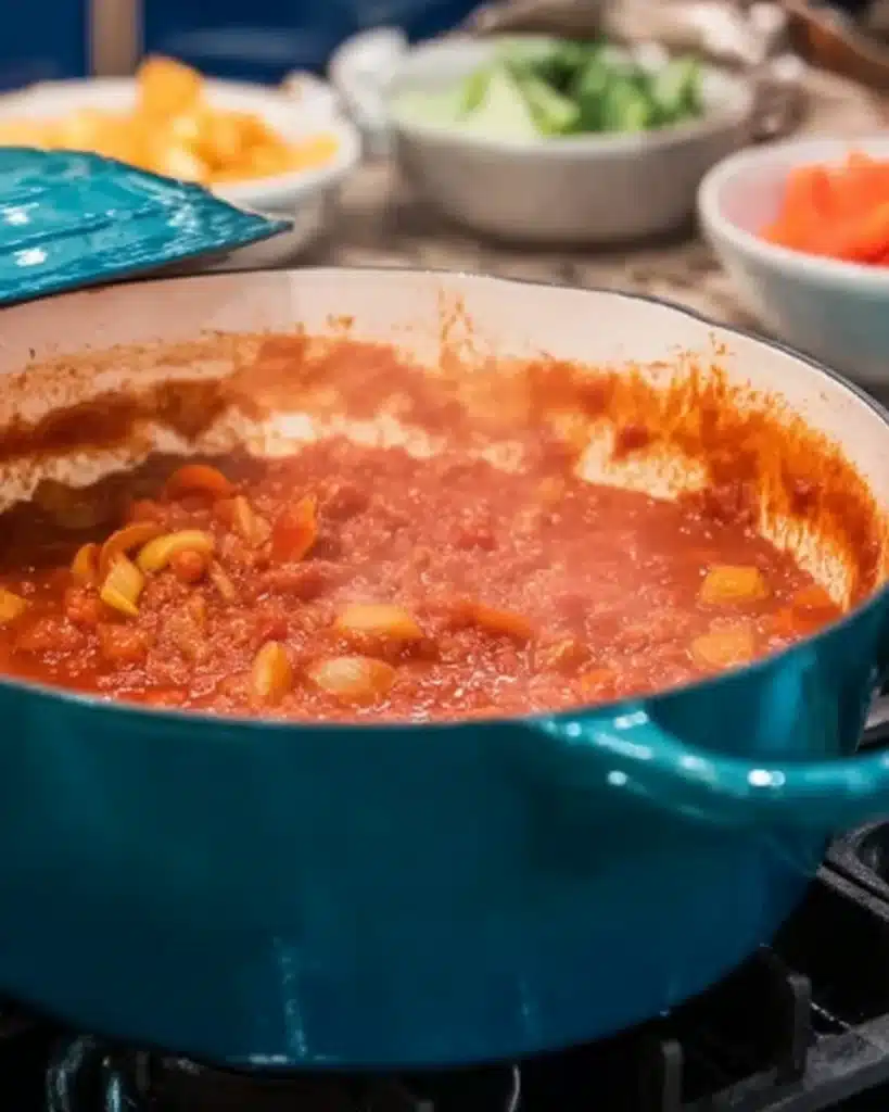 Tomatoes and vegetables simmering in a Dutch oven for Maryland Crab Soup
