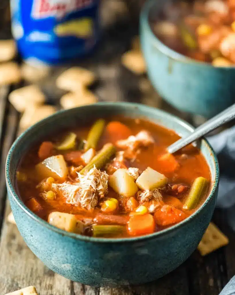 Hearty Maryland crab soup with vegetables in a blue bowl on a rustic wooden table