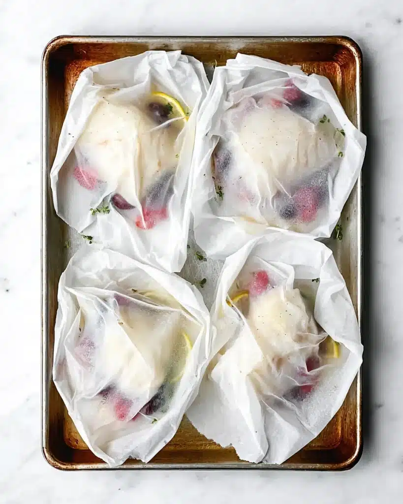 Mediterranean Cod en Papillote (Easy, Healthy Dinner Recipe) 4 Parchment packets of Mediterranean cod en papillote on baking sheet ready to bake