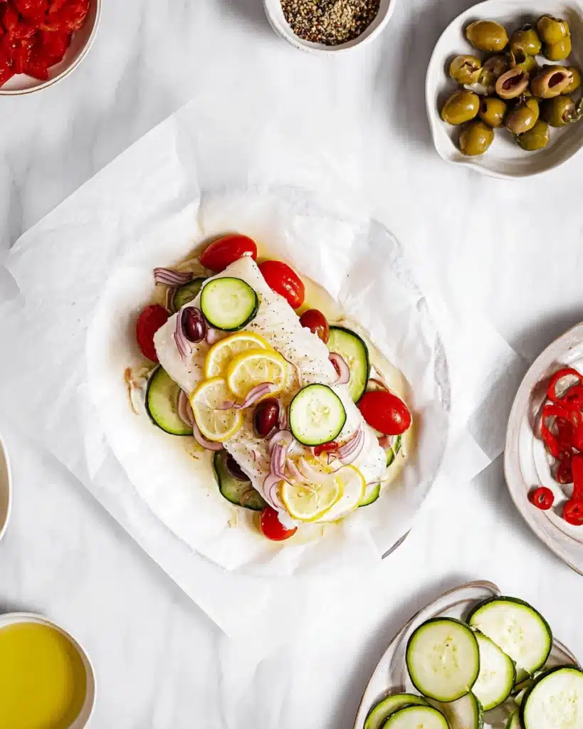 Mediterranean Cod en Papillote (Easy, Healthy Dinner Recipe) 3 Mediterranean cod en papillote with lemon, olives, tomatoes, and zucchini on parchment