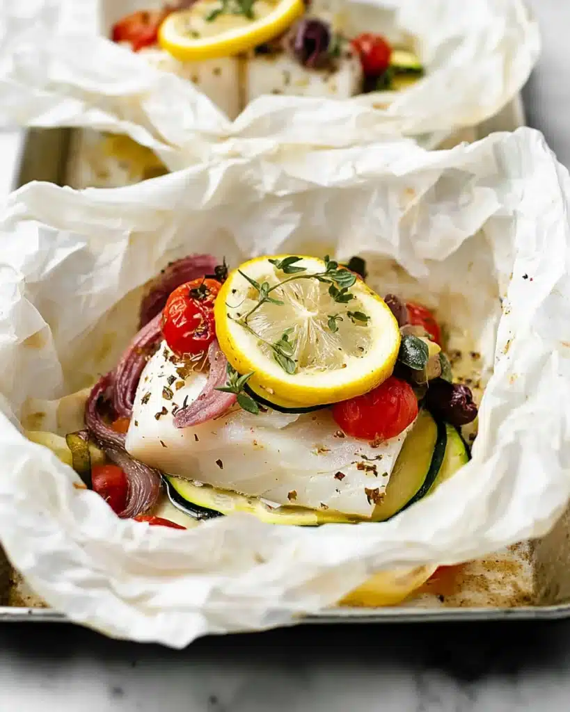 Mediterranean Cod en Papillote (Easy, Healthy Dinner Recipe) 5 Baked Mediterranean cod en papillote with lemon, olives, and tomatoes in parchment paper