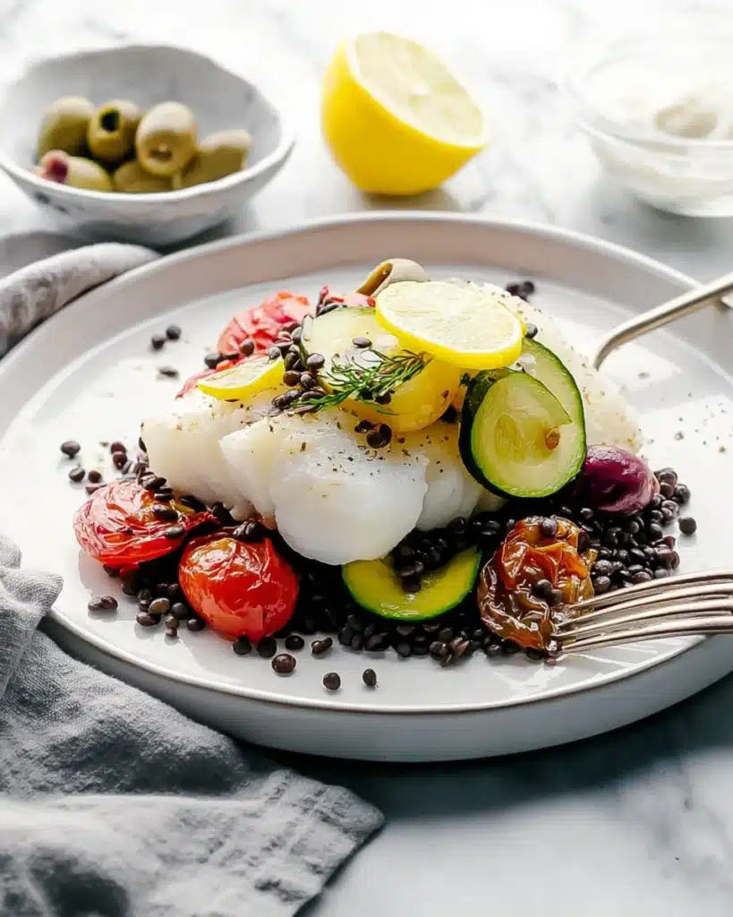 Mediterranean Cod en Papillote (Easy, Healthy Dinner Recipe) 1 Mediterranean cod en papillote with lemon, olives, and tomatoes over black lentils