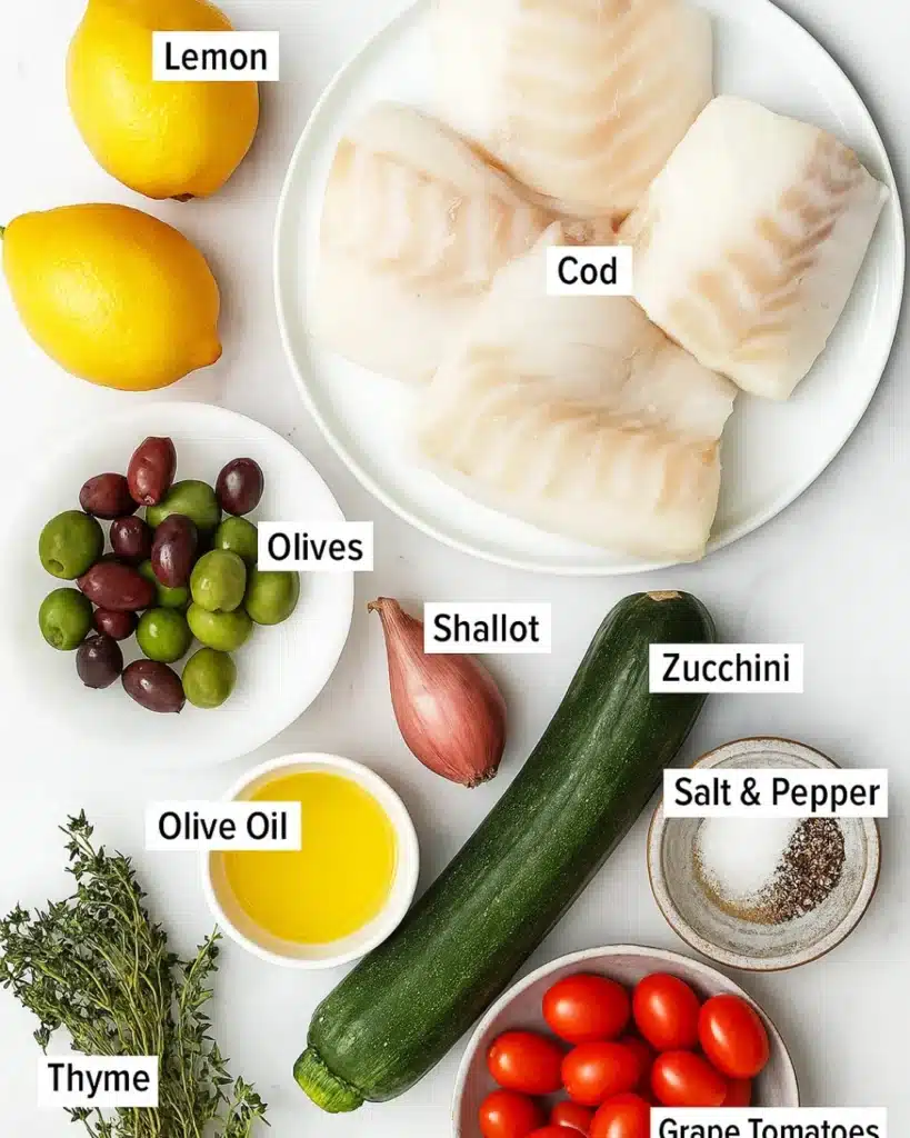 Mediterranean Cod en Papillote (Easy, Healthy Dinner Recipe) 2 Mediterranean cod en papillote ingredients including cod, lemon, olives, zucchini, and tomatoes