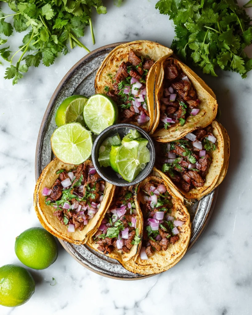 Authentic Mexican street tacos with steak, cilantro, onion, and lime wedges on a rustic plate