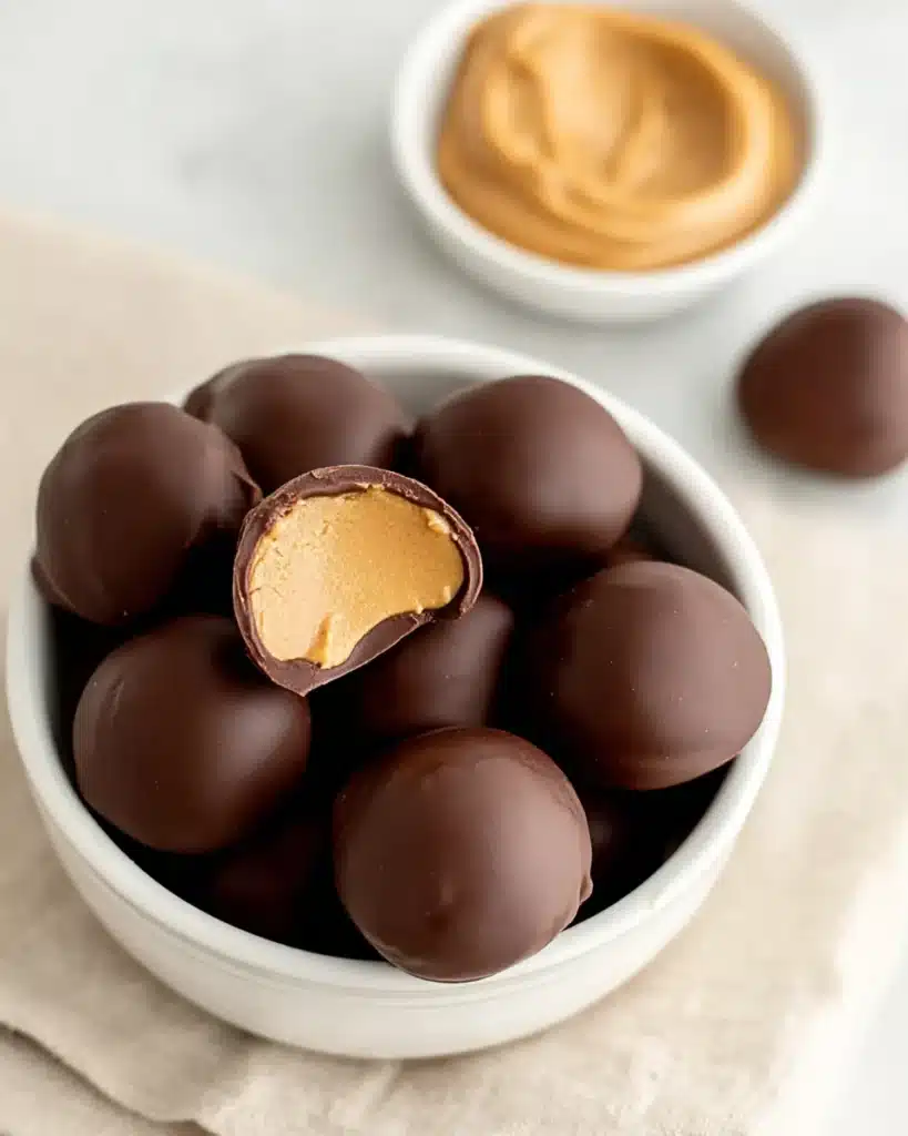 Peanut Butter Balls 1 Chocolate peanut butter balls in a bowl with creamy filling