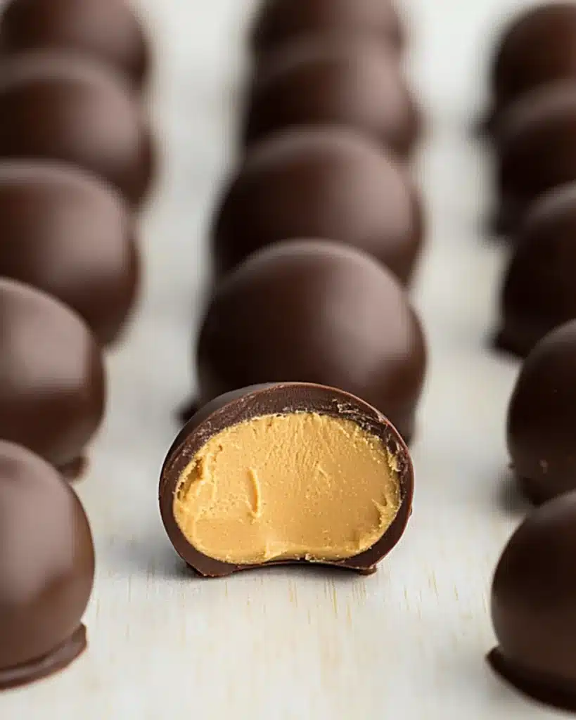 Peanut Butter Balls 4 Finished chocolate peanut butter balls with one cut open