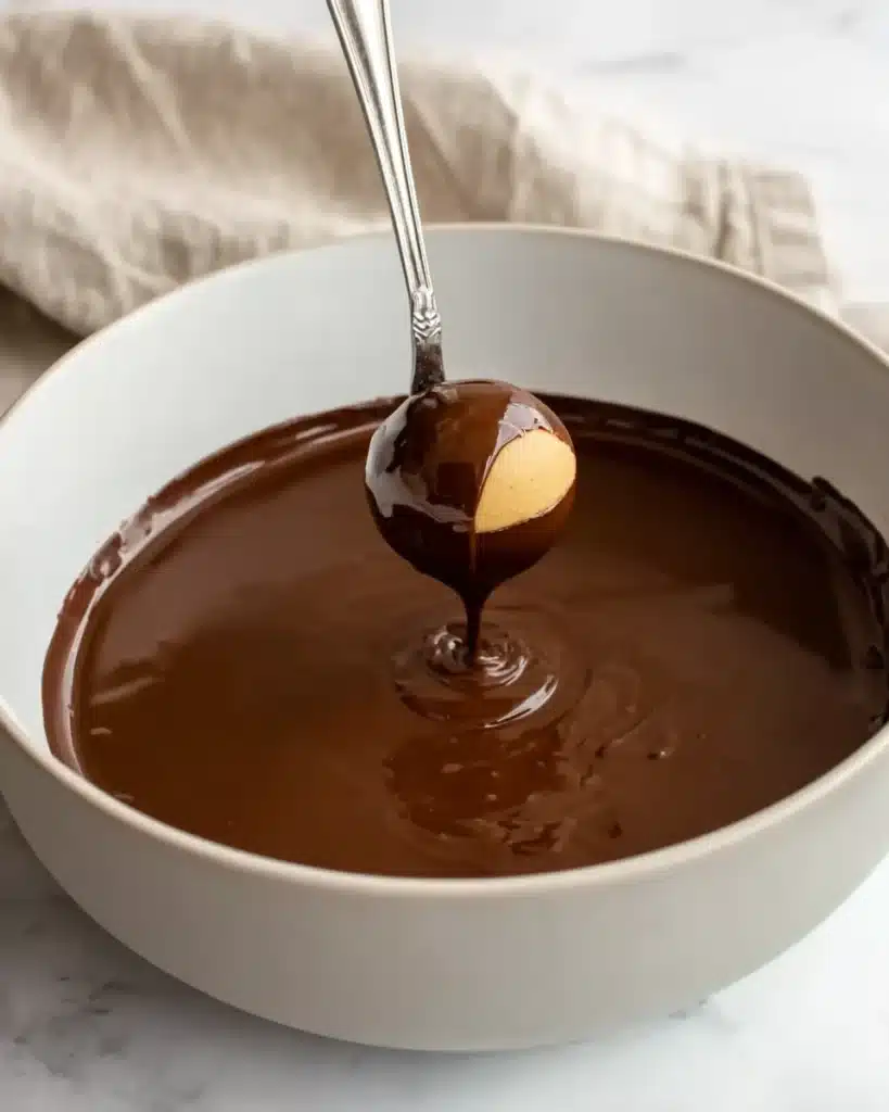 Peanut Butter Balls 3 Dipping peanut butter ball into melted chocolate