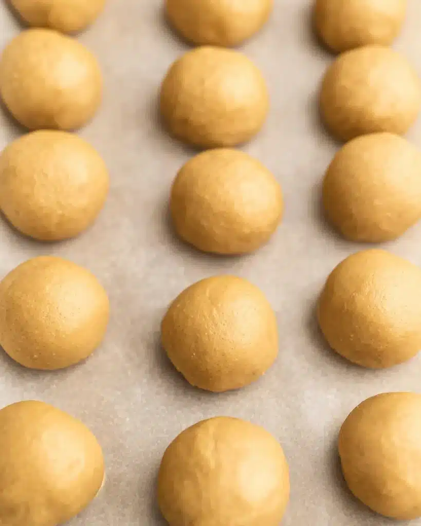 Peanut Butter Balls 2 Peanut butter balls rolled on parchment paper before chilling