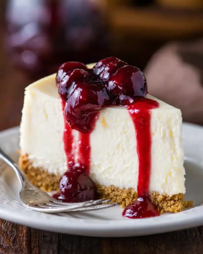 Slice of Perfect Cheesecake with cherry topping on white plate