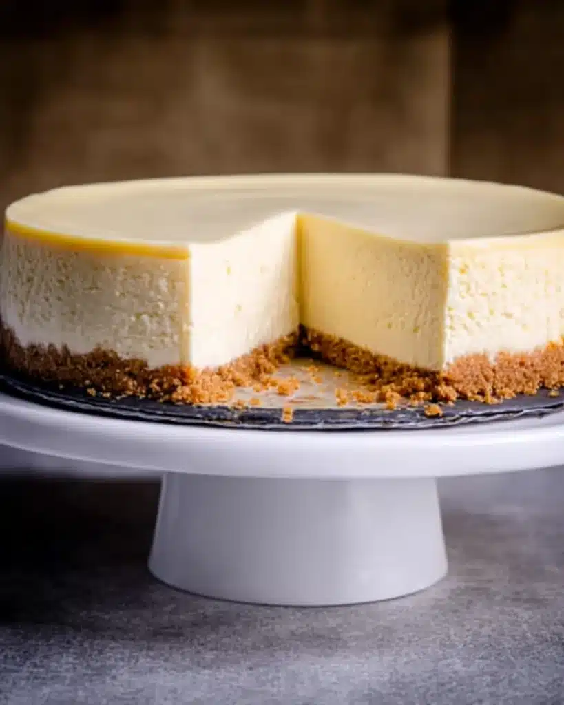 Whole baked cheesecake with slice removed showing creamy texture