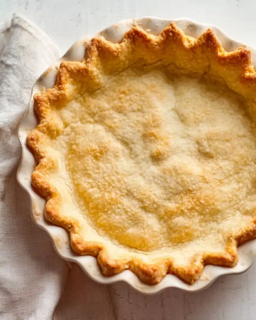 Perfect Butter Pie Crust for Christmas (Flaky, All Natural, No Shortening) 1 Golden baked pie crust with flaky edges in a ceramic dish on a light surface