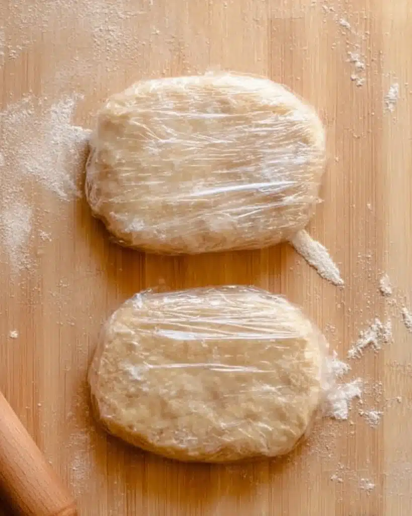 Perfect Butter Pie Crust for Christmas (Flaky, All Natural, No Shortening) 2 Wrapped pie crust dough disks on a wooden surface ready to chill