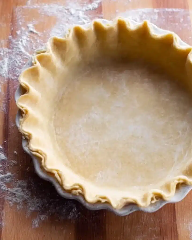 Perfect Butter Pie Crust for Christmas (Flaky, All Natural, No Shortening) 3 Unbaked pie crust with fluted edges in a ceramic dish on a wooden surface