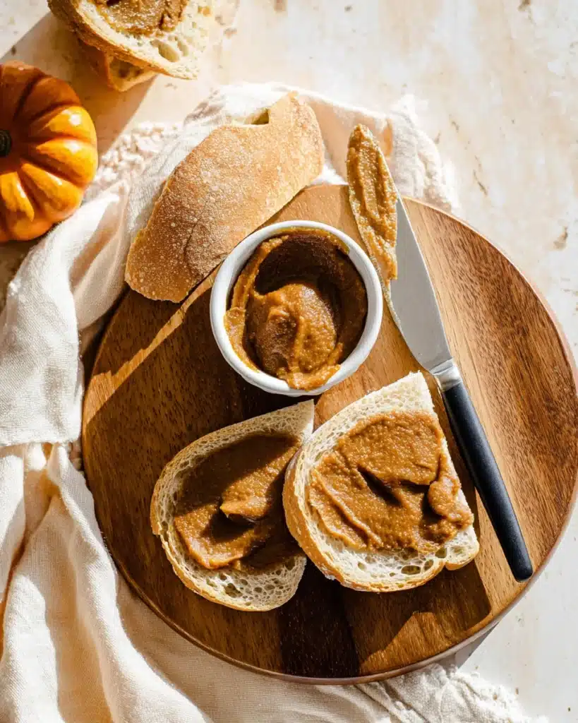 Rustic bread with creamy pumpkin butter on wooden board, cozy fall breakfast