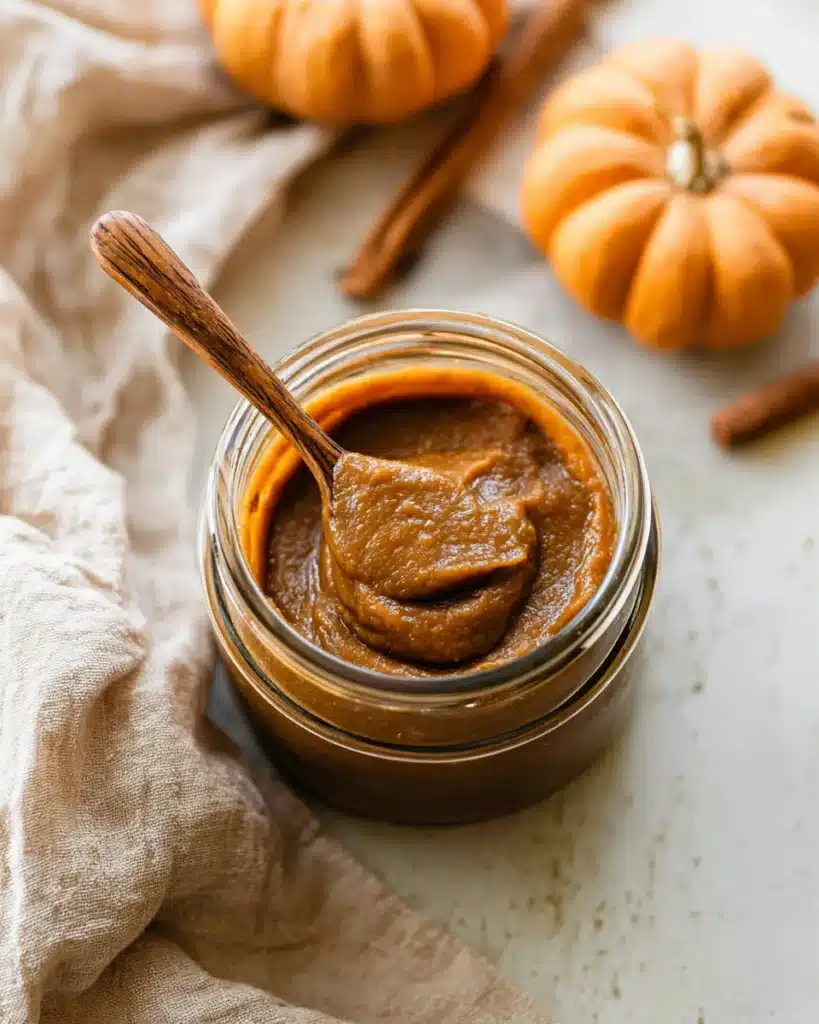 Homemade quick and easy pumpkin butter stored in glass jar