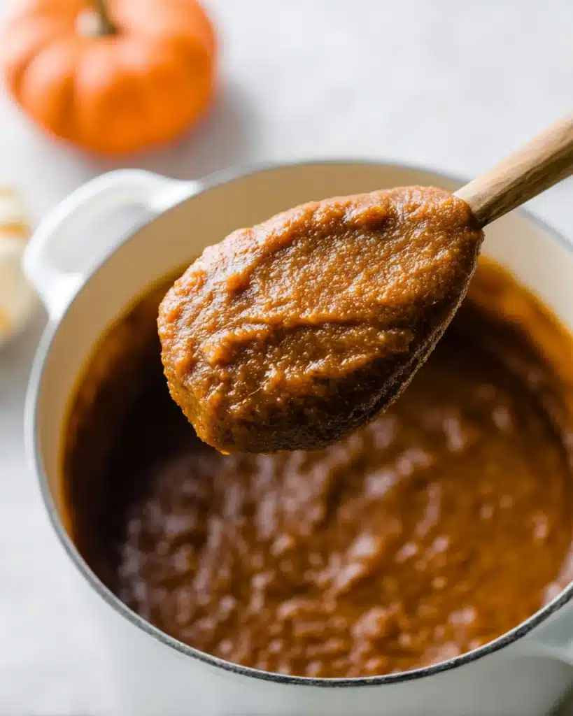Thick homemade quick and easy pumpkin butter on wooden spoon