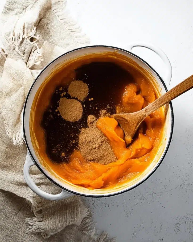 Homemade quick and easy pumpkin butter simmering on stovetop