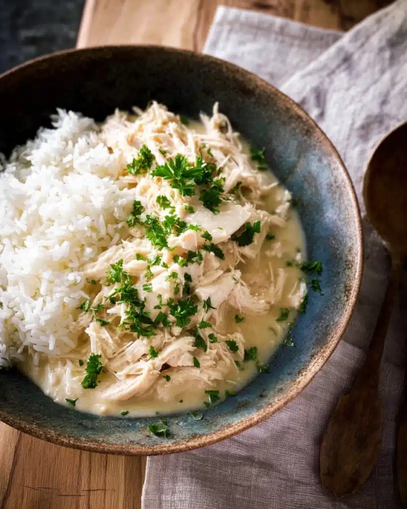 Easy 4-Ingredient Ranch Chicken Crock Pot Recipe 1 Ranch Chicken Crock Pot over rice in a rustic bowl with parsley garnish